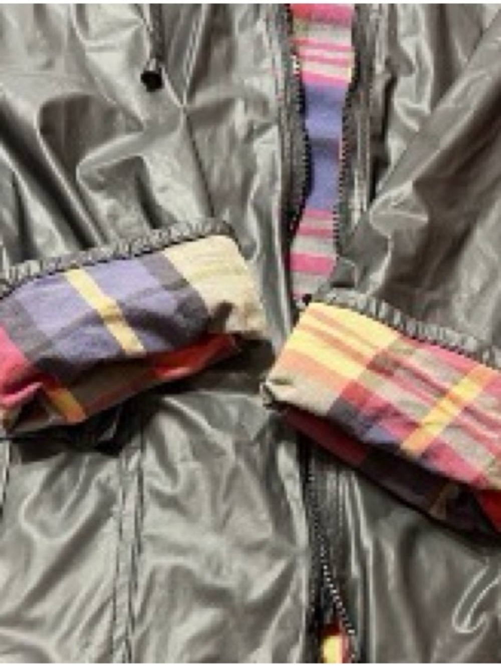 Totes Black Hooded Raincoat with Colorful Plaid Lining - Picture 3 of 4